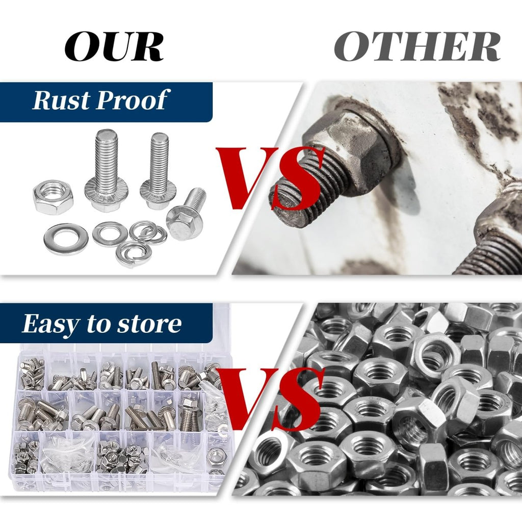 292 Pcs 304 Stainless Steel Bolts and Nuts Kit, A2 Hex Head Flange Nut and Bolt Set M6 M8 M10