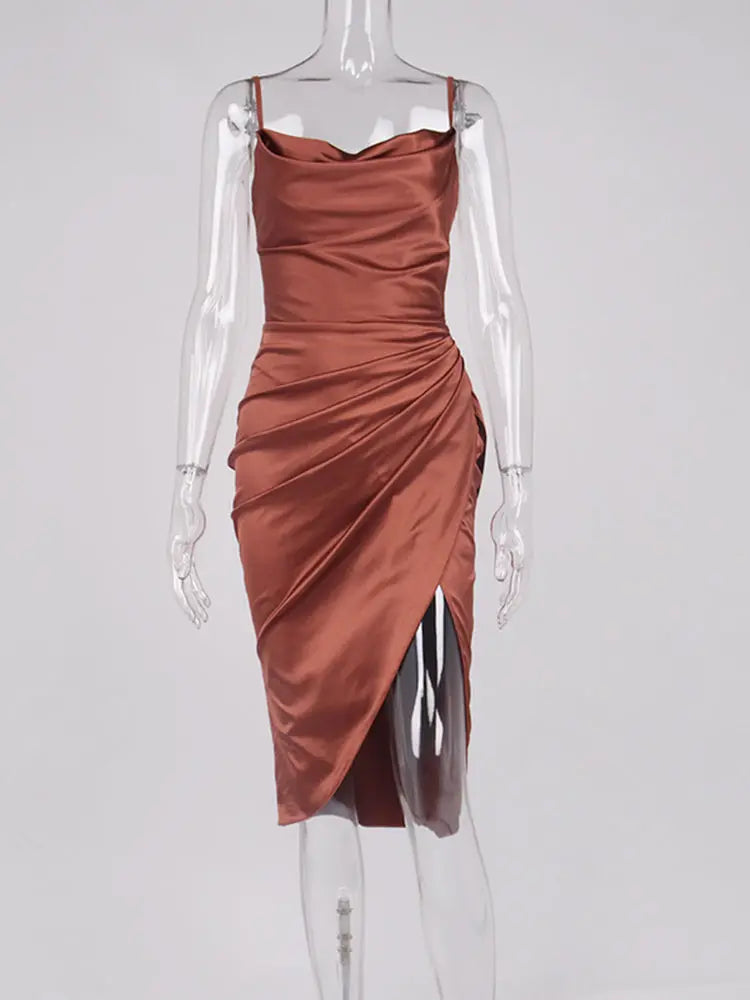 Midi Satin Dress Split Adjustable Strap & Cowl Neck