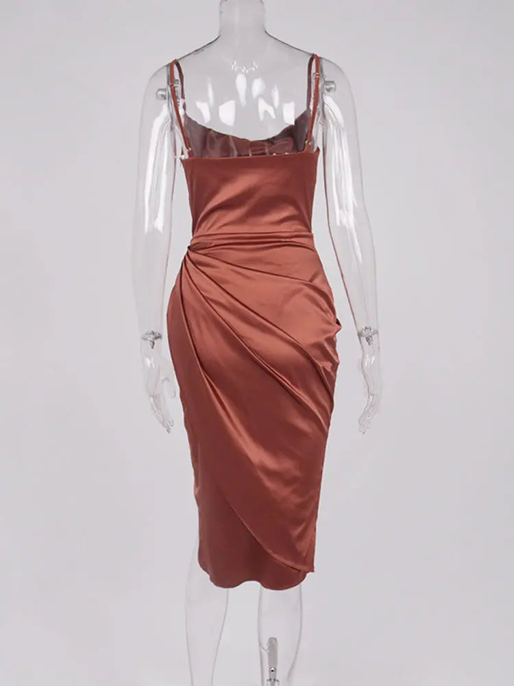 Midi Satin Dress Split Adjustable Strap & Cowl Neck