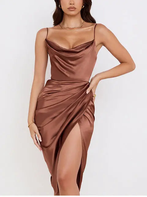 Midi Satin Dress Split Adjustable Strap & Cowl Neck