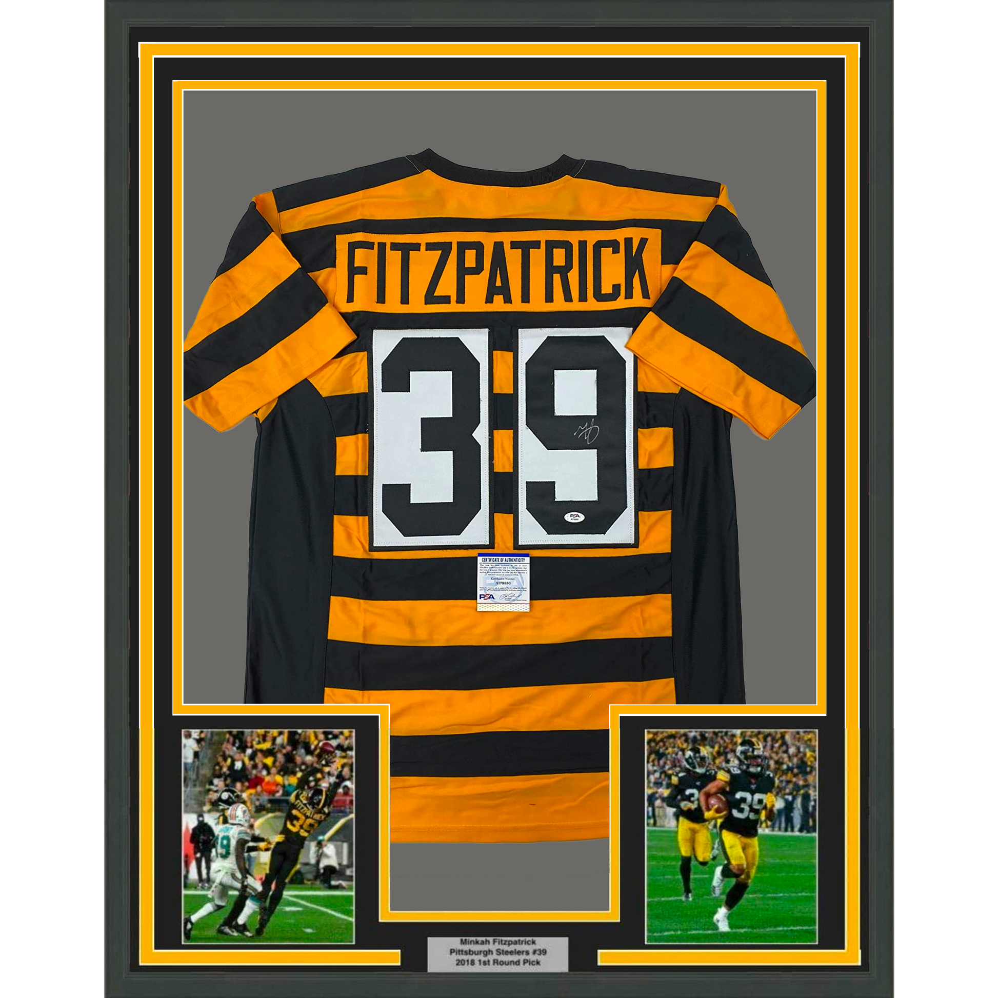 Framed Autographed/Signed Minkah Fitzpatrick 35x39 Pittsburgh Bumble Bee Football Jersey PSA/DNA COA