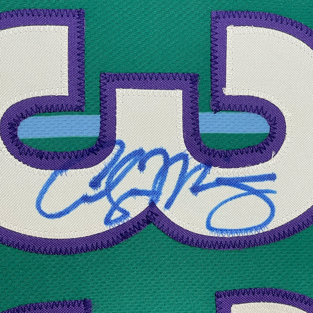 Framed Autographed/Signed Alonzo Mourning 35x39 Charlotte Teal Basketball Jersey JSA COA