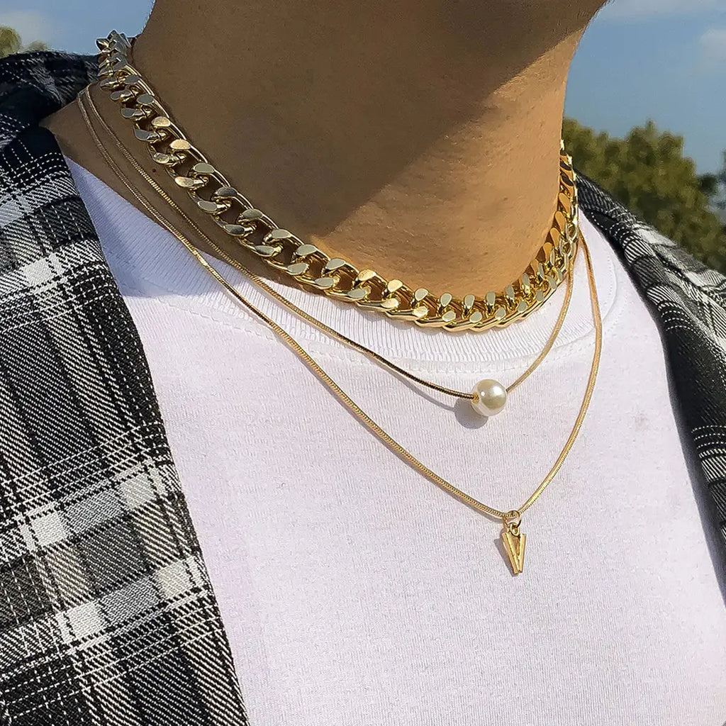 Multilayer Pearl Triangle Pendant Necklace for Men