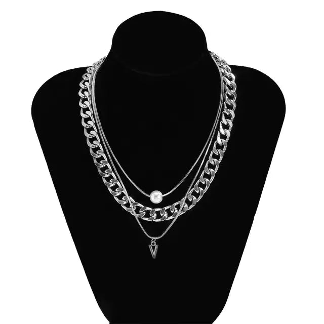 Multilayer Pearl Triangle Pendant Necklace for Men