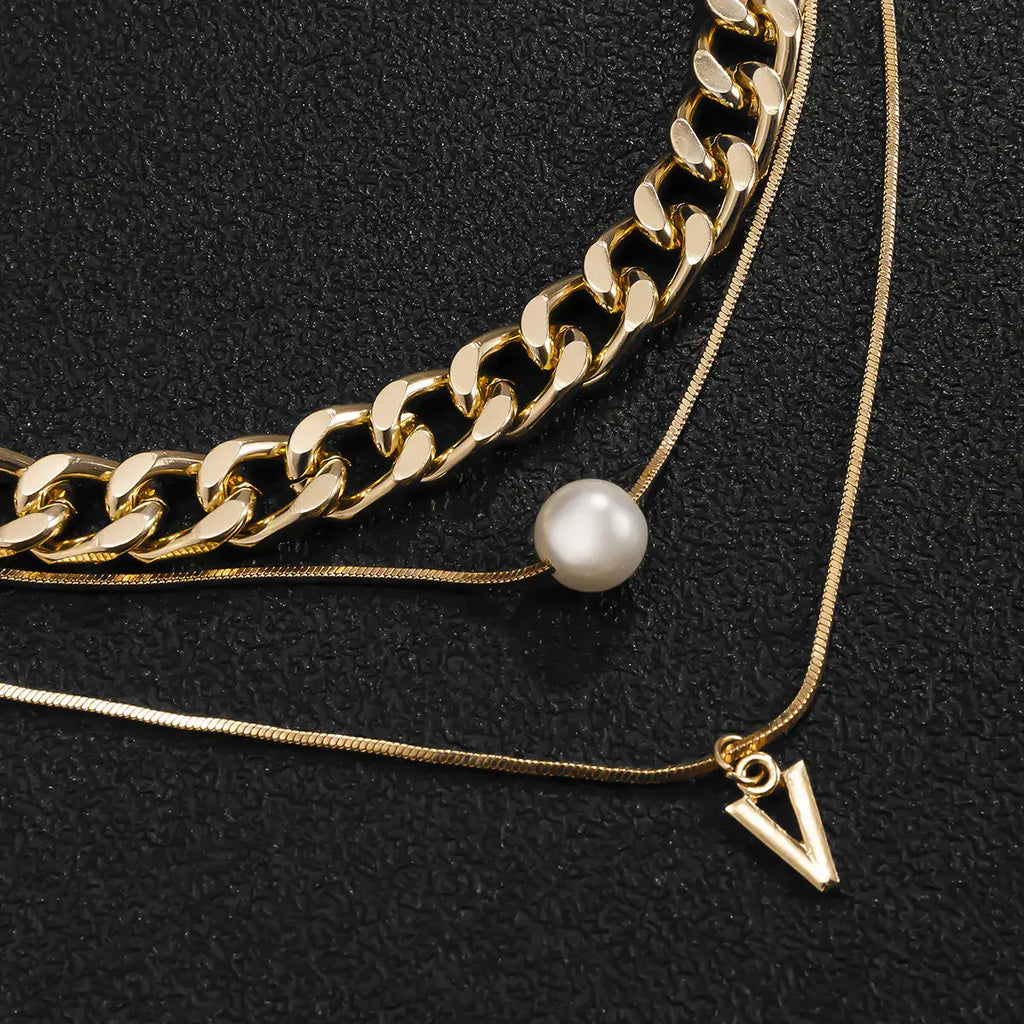Multilayer Pearl Triangle Pendant Necklace for Men