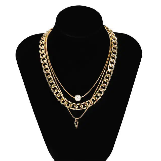 Multilayer Pearl Triangle Pendant Necklace for Men