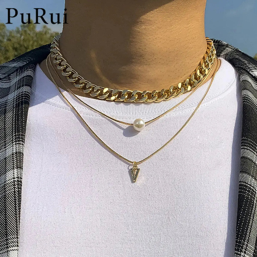 Multilayer Pearl Triangle Pendant Necklace for Men