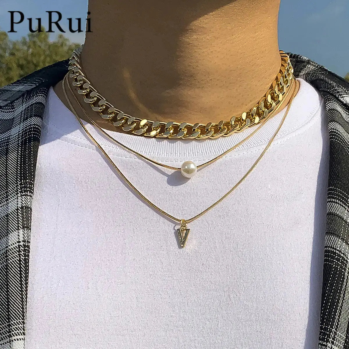 Multilayer Pearl Triangle Pendant Necklace for Men
