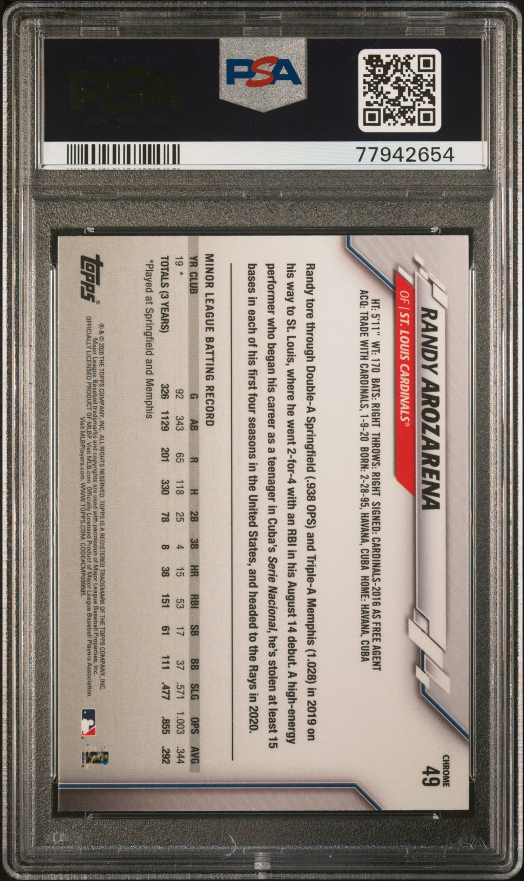 Graded 2020 Topps Chrome Randy Arozarena #49 Rookie RC Baseball Card PSA 10 Gem Mint