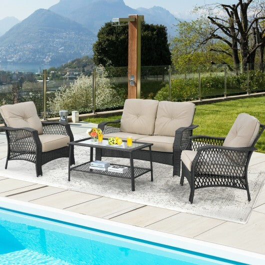 4 Pieces Patio Wicker Furniture Set Loveseat Sofa Coffee Table with Cushion-Beige
