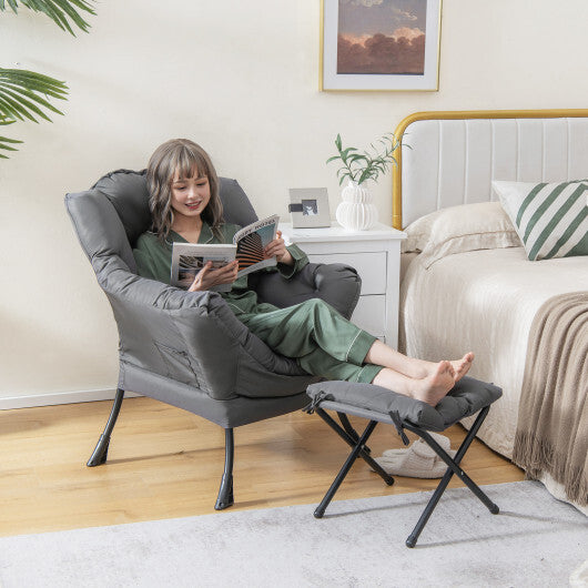 Modern Accent Sofa Chair with Folding Footrest and Side Pocket-Beige