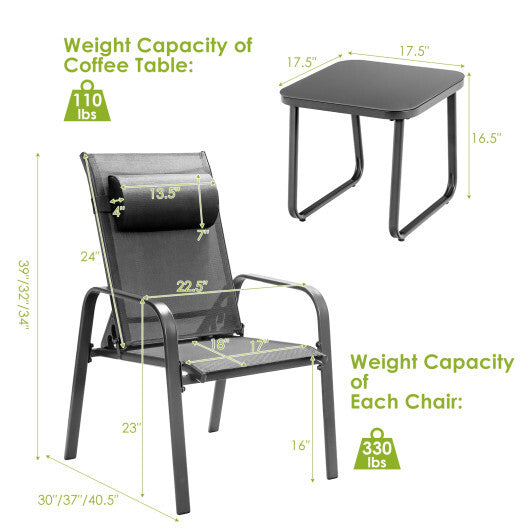 3 Pieces Patio Bistro Furniture Set with Adjustable Backrest-Black