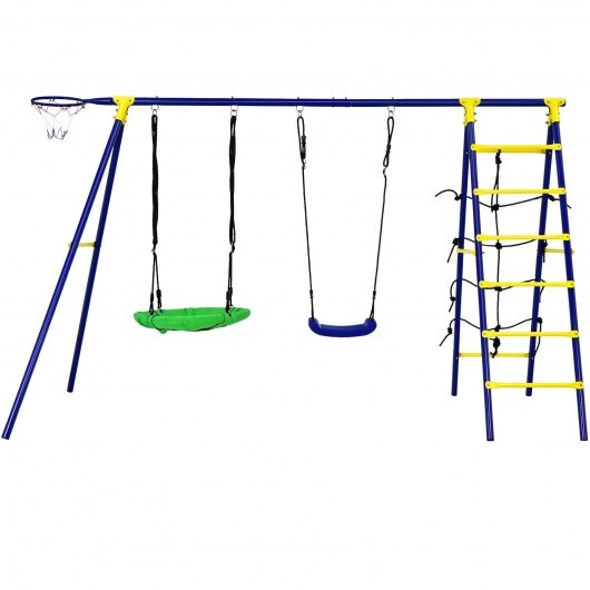 5-In-1 Outdoor Kids Swing Set with A-Shaped Metal Frame and Ground Stake