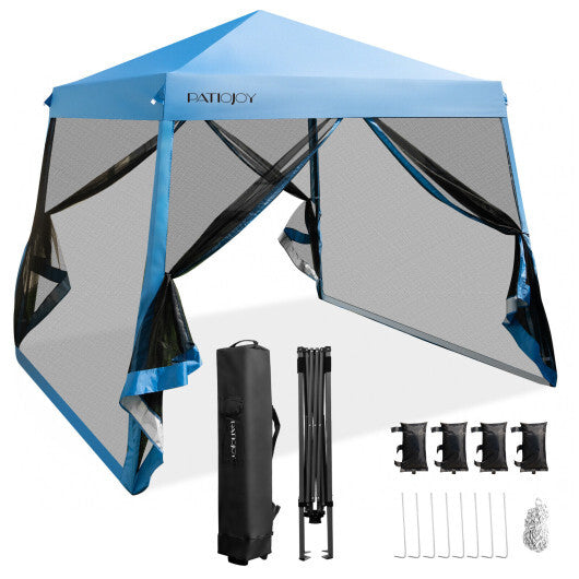 10 x 10 Feet Pop Up Canopy with with Mesh Sidewalls and Roller Bag-Blue