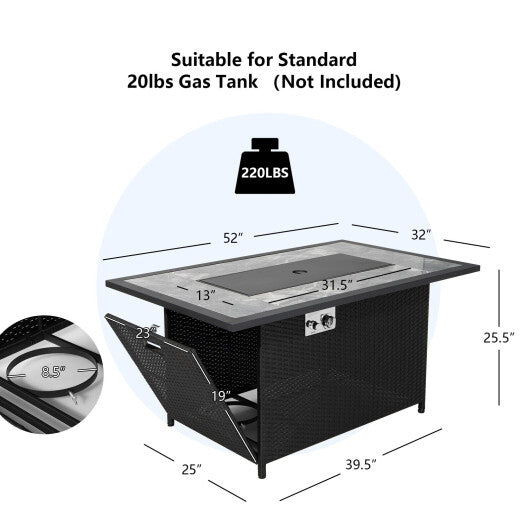 52 Inch Rattan Wicker Propane Fire Pit Table with Rain Cover and Lava Rock-Black