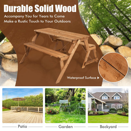 2-in-1 Transforming Interchangeable Wooden Picnic Table Bench with Umbrella Hole-Dark Brown