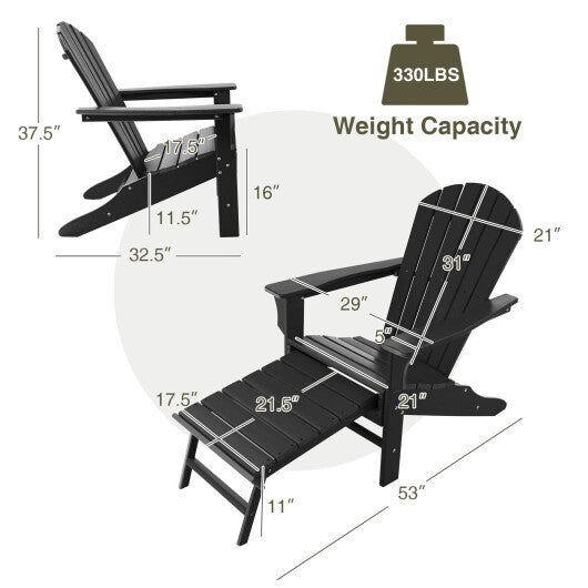 Patio HDPE Adirondack Chair with Retractable Ottoman-Brown
