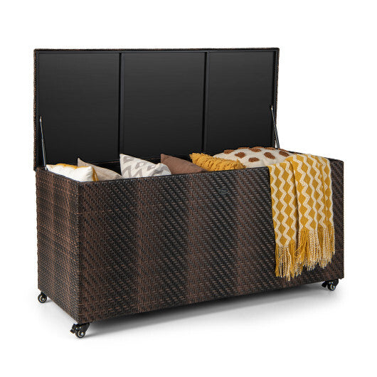 96 Gallon PE Wicker Outdoor Storage Box with 4 Wheels-Brown
