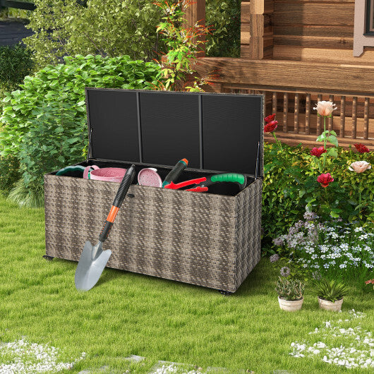 96 Gallon PE Wicker Outdoor Storage Box with 4 Wheels-Brown