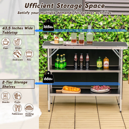 Folding Camping Table with 2-Tier Open Shelves for Outdoor BBQ-Coffee