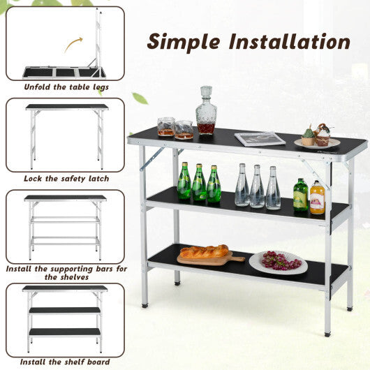 Folding Camping Table with 2-Tier Open Shelves for Outdoor BBQ-Coffee