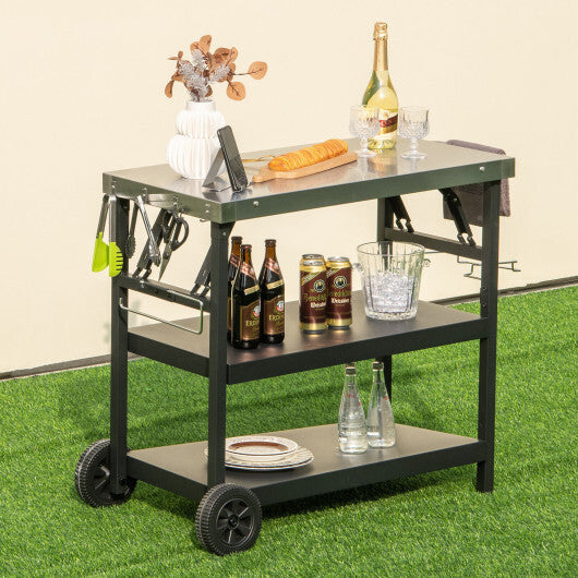 3 Tiers Foldable Outdoor Cart on 2 Wheels with Phone Holder-Black