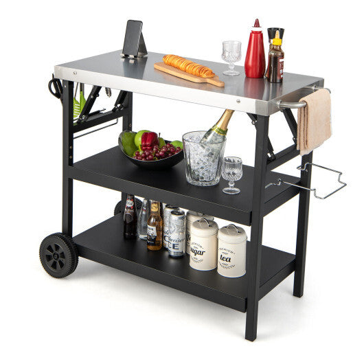 3 Tiers Foldable Outdoor Cart on 2 Wheels with Phone Holder-Black