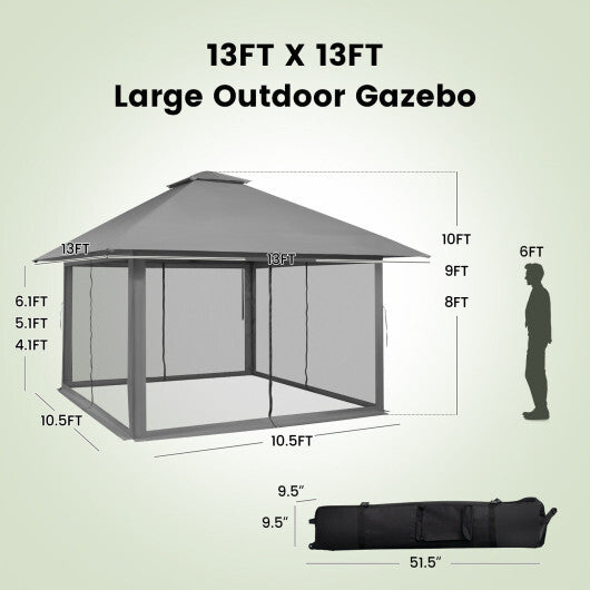 13 x 13 Feet Pop-up Instant Canopy Tent with Mesh Sidewall-Coffee