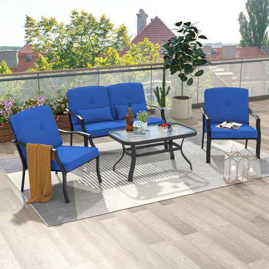 2 Pieces Patio Metal Chairs with Seat and Back Cushions for Yard-Navy