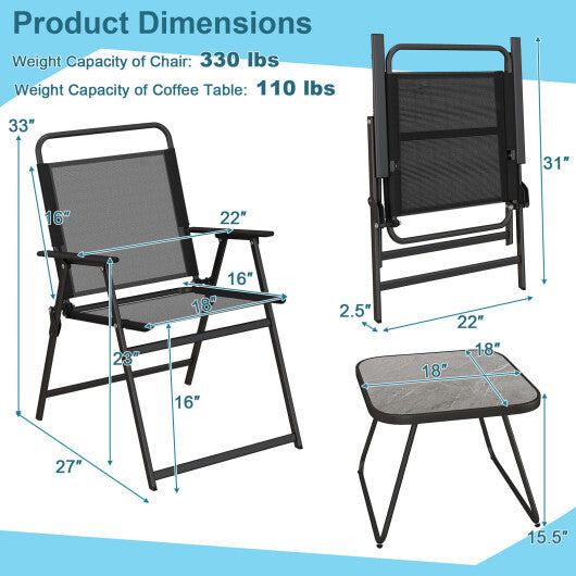 3 Pieces Patio Folding Conversation Chairs and Table-Black