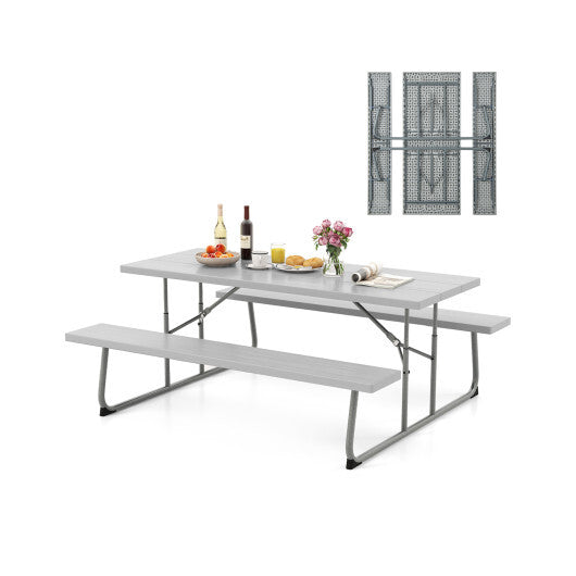 Folding Picnic Table Set with Metal Frame and All-Weather HDPE Tabletop  Umbrella Hole-Black