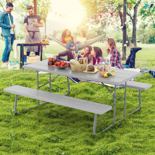 Folding Picnic Table Set with Metal Frame and All-Weather HDPE Tabletop  Umbrella Hole-Black