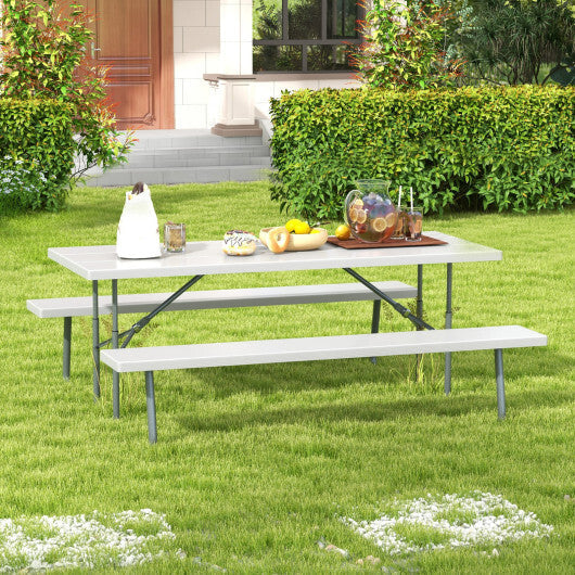 Folding Picnic Table Set with Metal Frame and All-Weather HDPE Tabletop  Umbrella Hole-Black