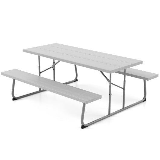 Folding Picnic Table Set with Metal Frame and All-Weather HDPE Tabletop  Umbrella Hole-Black