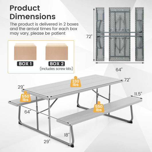 Folding Picnic Table Set with Metal Frame and All-Weather HDPE Tabletop  Umbrella Hole-Black