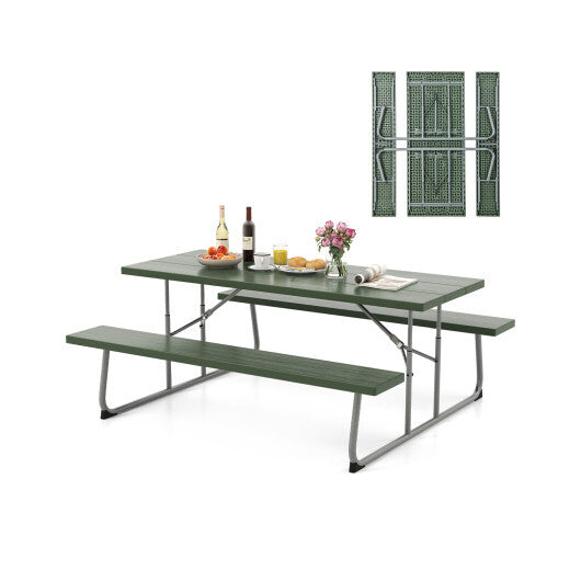 Folding Picnic Table Set with Metal Frame and All-Weather HDPE Tabletop  Umbrella Hole-Black