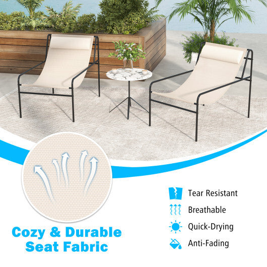 Patio Sling Lounge Chair with Removable Headrest Pillow and Metal Frame-Beige