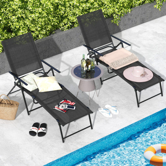 2 Piece Patio Folding Chaise Lounge Chairs Recliner with 6-Level Backrest-Coffee