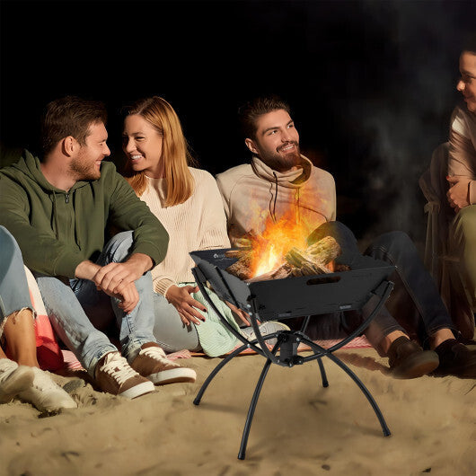 3-in-1 Camping Campfire Grill with Stainless Steel Grills Carrying Bag & Gloves-Silver