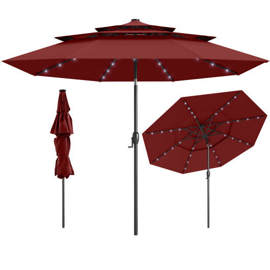 10 Feet Solar Patio Umbrella with 32 LED Lights 3-Tier Vented Top-Wine