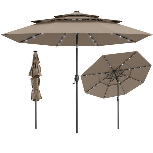 10 Feet Solar Patio Umbrella with 32 LED Lights 3-Tier Vented Top-Wine
