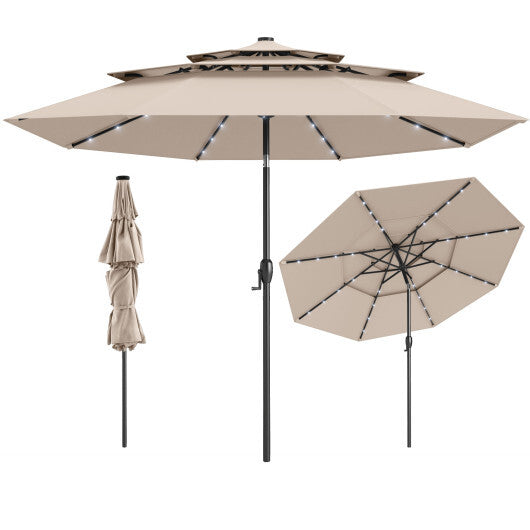 10 Feet Solar Patio Umbrella with 32 LED Lights 3-Tier Vented Top-Wine