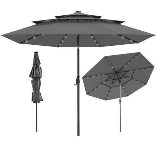 10 Feet Solar Patio Umbrella with 32 LED Lights 3-Tier Vented Top-Wine