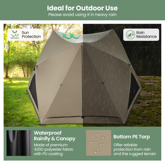6-Sided Pop-up Family Tent with Rainfly  Skylight  3 Doors  3 Windows-Green
