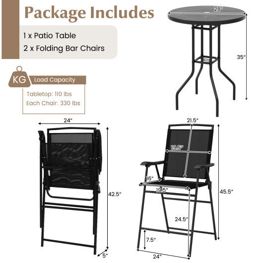 3 Pieces Outdoor Bar Stool Set with DPC Tabletop and Umbrella Hole for Poolside-Black