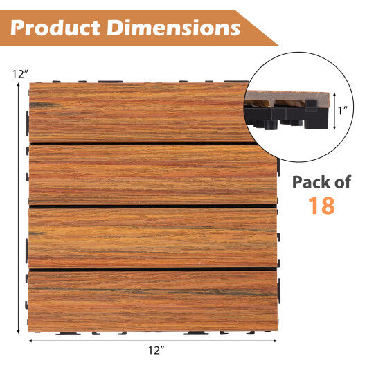 18 Pieces 12 x 12 Inch Interlocking Deck Tiles for 1.7m Total Splicing Area-Brown