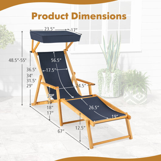 Birch Wood Chaise Lounge Chair Foldable Beach Chair with Adjustable Canopy-Brown