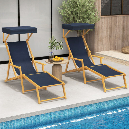 Birch Wood Chaise Lounge Chair Foldable Beach Chair with Adjustable Canopy-Brown