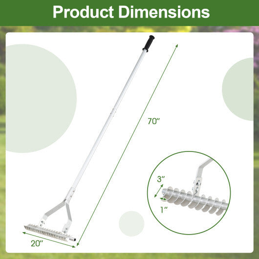 20 Inches Wide Aluminum Lawn Loosening Soil Rake with Long Handle and 19 Curved Tines