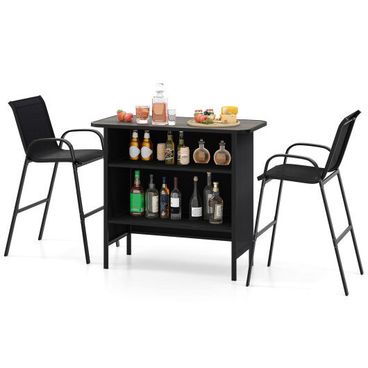 3 Piece Outdoor Bar Set with Footrest and 2-Tier Shelf-Coffee